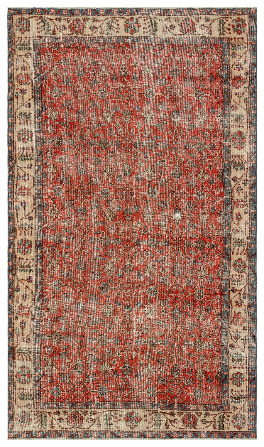 Kırmızı Anadolu Eskitme Çiçekli Yün Halı 157x268 - Özel Seri