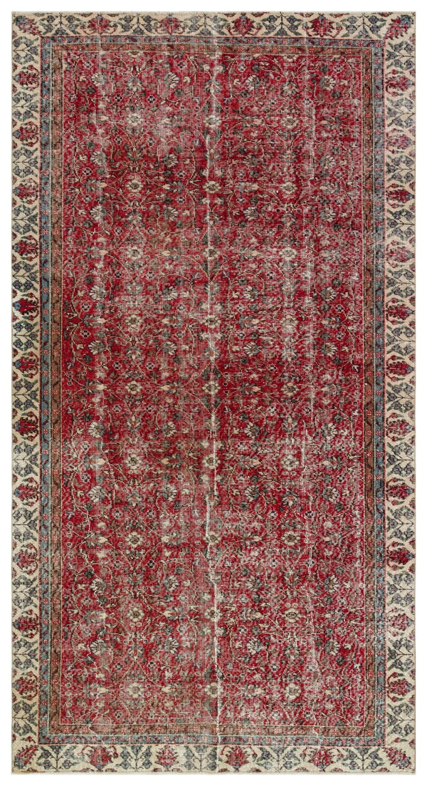 Kırmızı Anadolu Eskitme Çiçekli Yün Halı 170x308 - Özel Seri