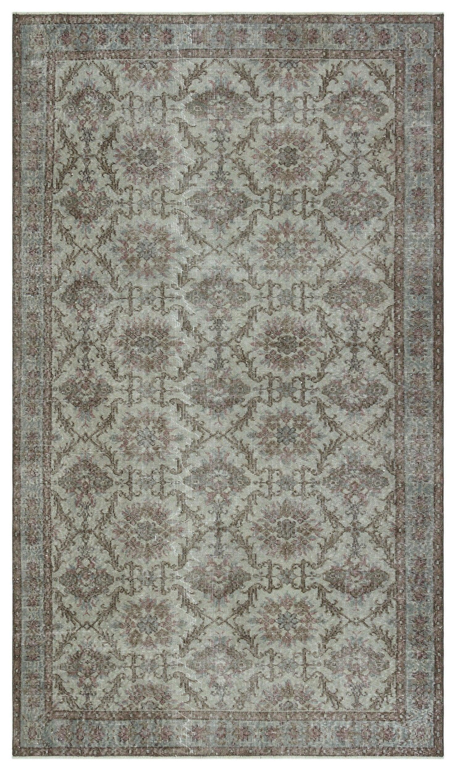 Gri Anadolu Geometrik Çiçekli Yün Halı 161x275 - Özel Seri