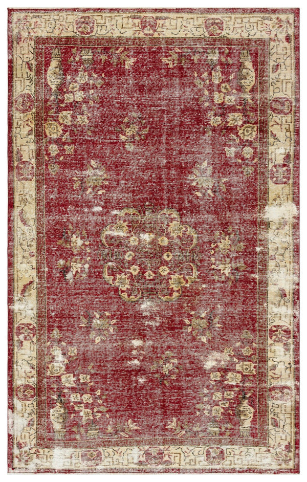 Kırmızı Anadolu Eskitme Madalyonlu Yün Halı 186x289 - Özel Seri