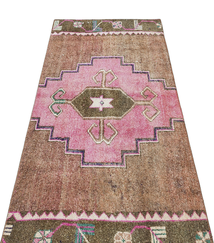 Ekru Pembe Anadolu Bohem Geometrik Yün Halı 79x142 - Özel Seri