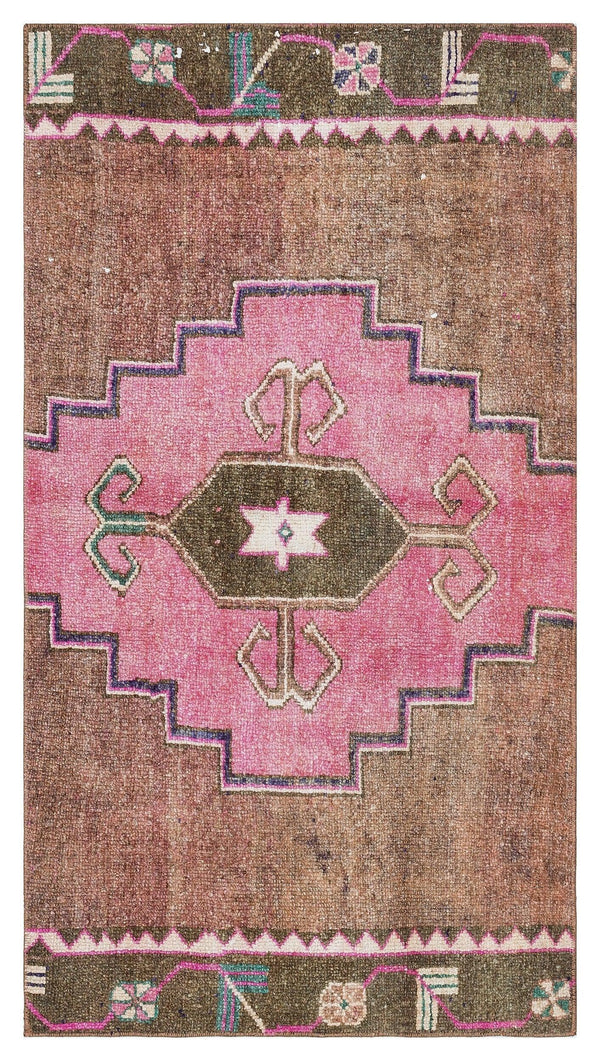Ekru Pembe Anadolu Bohem Geometrik Yün Halı 79x142 - Özel Seri
