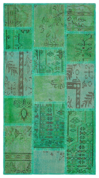 Zielony ręcznie tkany wełniany dywan, wzór patchworkowy 80x152 cm