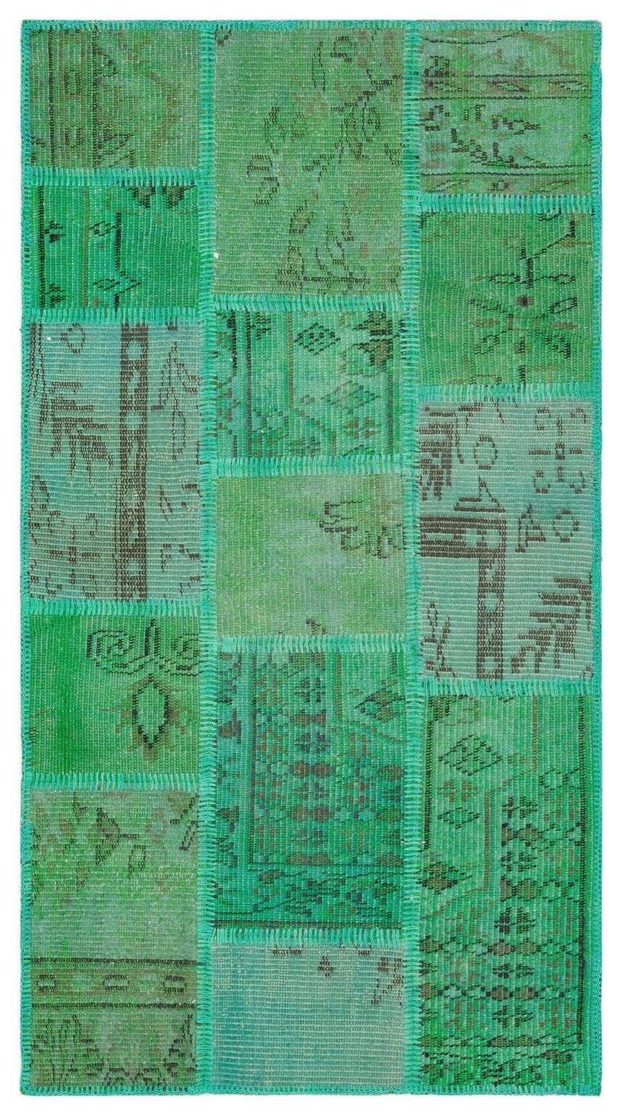 Yeşil Anadolu Eskitme Geometrik Yün Halı 80x152 - Özel Seri