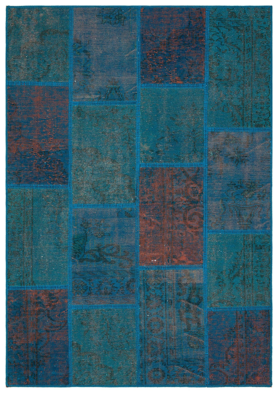 Moderner Patchwork-Teppich in Türkis und Blau, Wolle 162x230 cm – im Flur