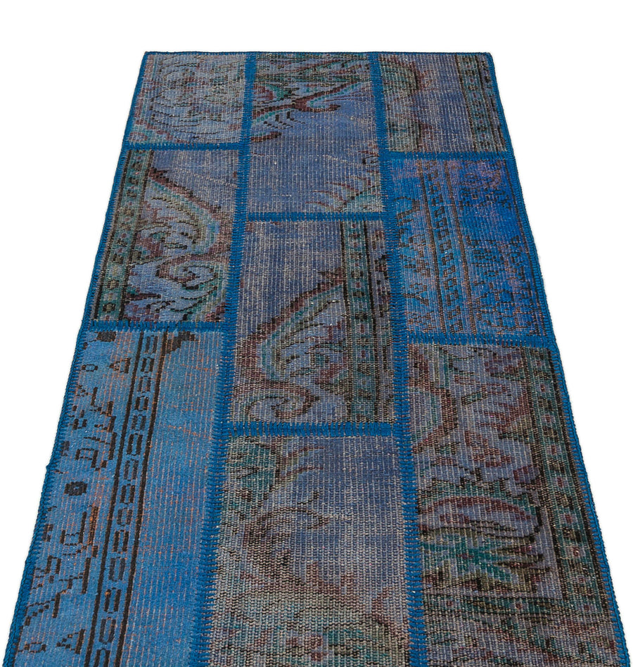 Mavi Anadolu Eskitme Geometrik Yün Halı 82x151 - Özel Seri
