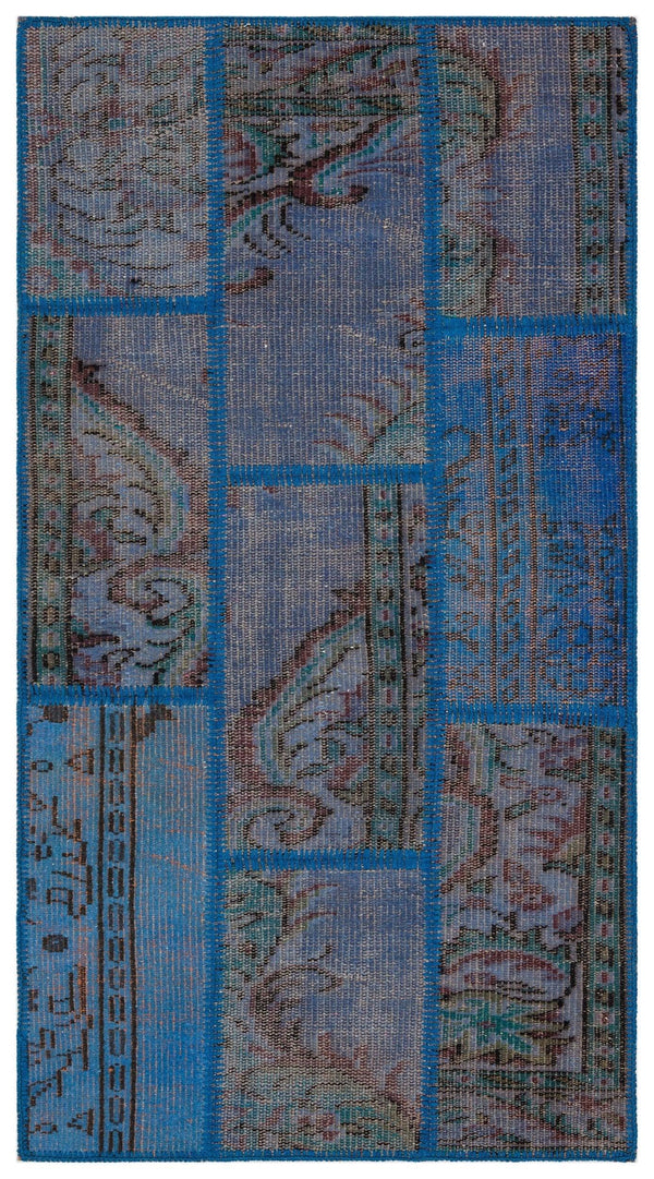 Mavi Anadolu Eskitme Geometrik Yün Halı 82x151 - Özel Seri