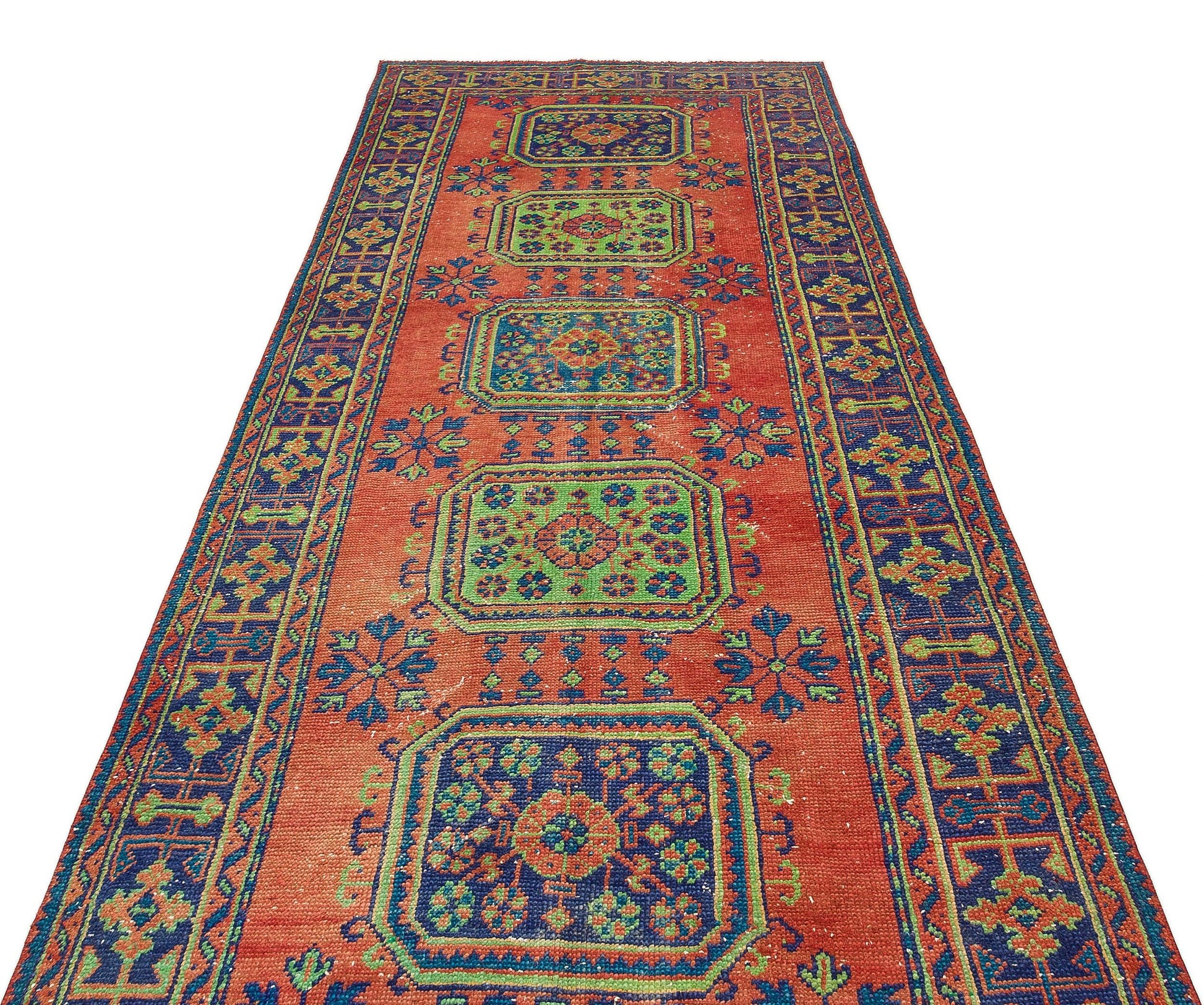 Kırmızı Anadolu Bohem Geometrik Yün Halı 141x347 - Özel Seri
