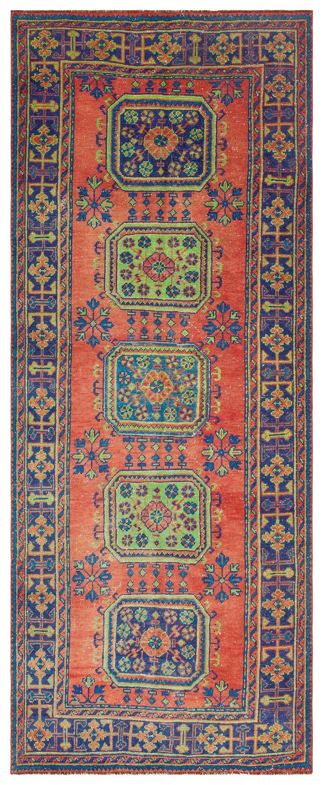 Kırmızı Anadolu Bohem Geometrik Yün Halı 141x347 - Özel Seri
