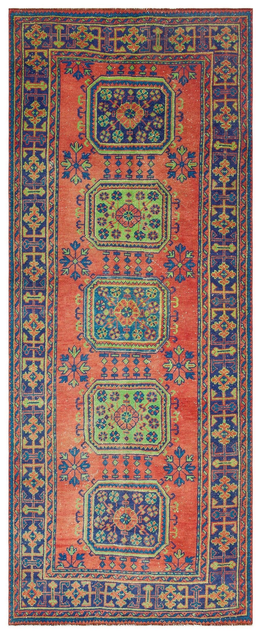 Red and Navy Geometric Turkish Runner Rug 141x347 cm (4'8" x 11'5") – in the hallway