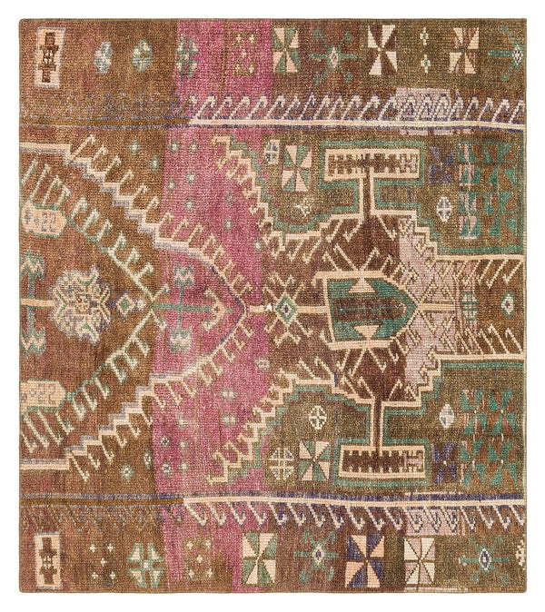 Bej Pembe Anadolu Bohem Geometrik Yün Halı 128x143 - Özel Seri