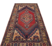 Red and Navy Blue Geometric Vintage Turkish Rug 115x223 cm (3'9" x 7'4")