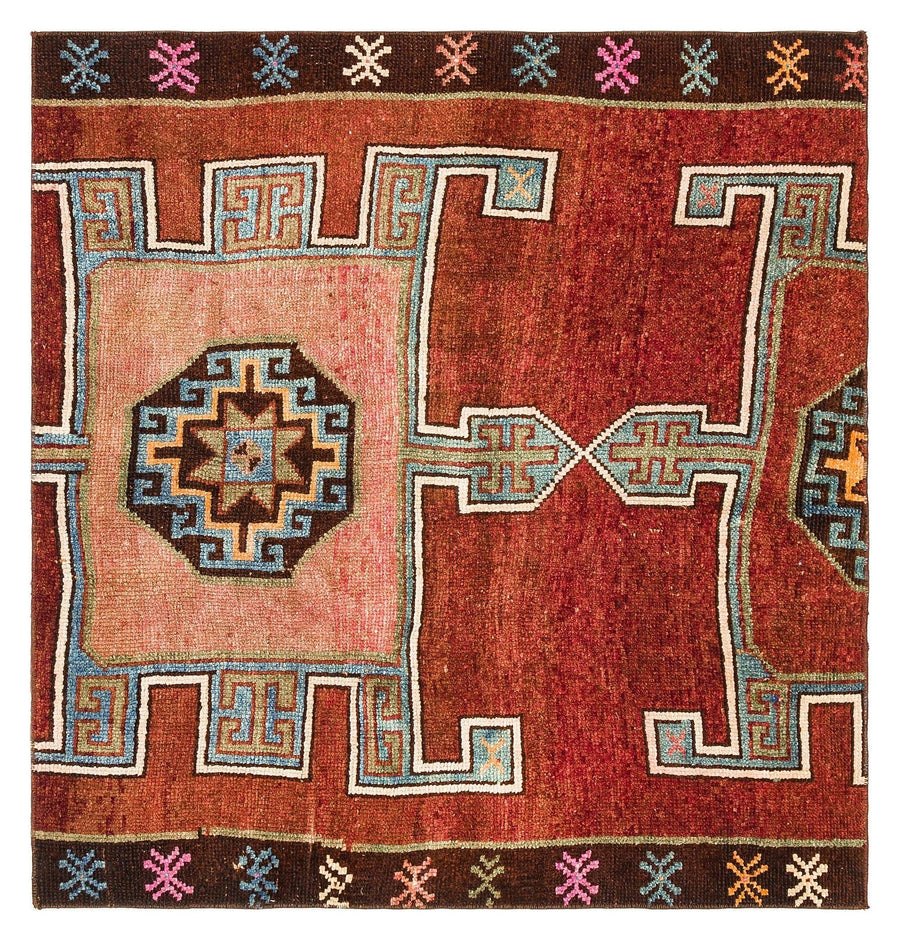 Kırmızı Anadolu Bohem Geometrik Yün Halı 131x125 - Özel Seri