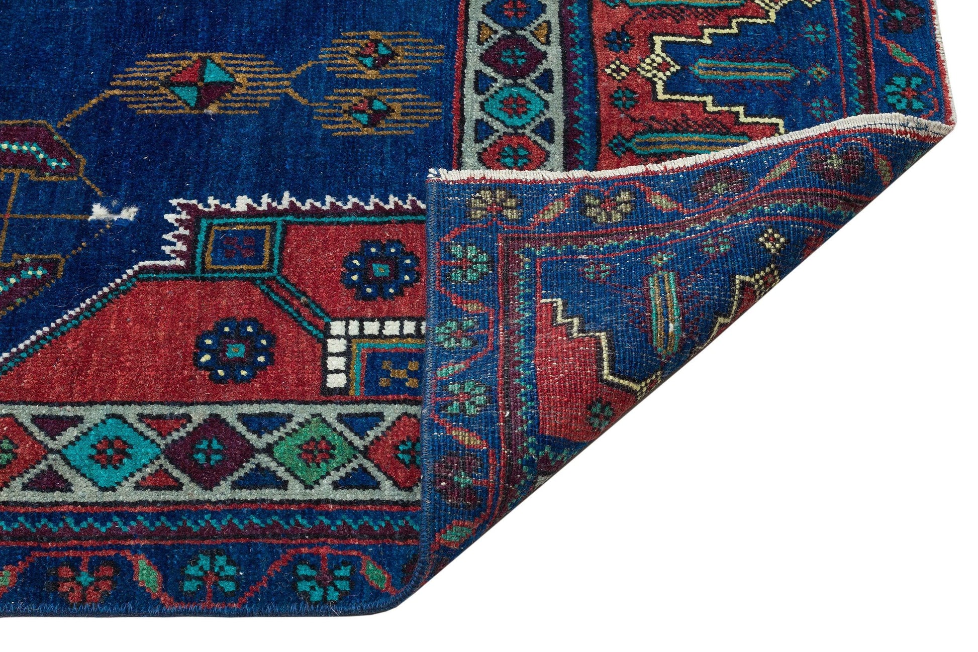 Mavi Anadolu Bohem Geometrik Yün Halı 138x302 - Özel Seri