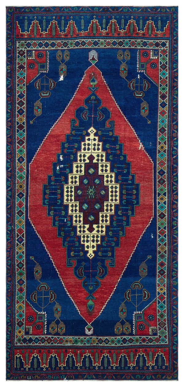 Mavi Anadolu Bohem Geometrik Yün Halı 138x302 - Özel Seri
