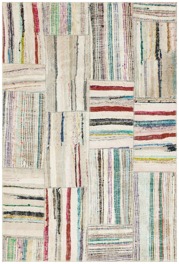 Bej Modern Çizgili Yün Halı 155x233