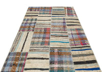 Beige Geometric Flatweave Kilim Rug with Blue & Grey 156x231 cm (5'1" x 7'7")