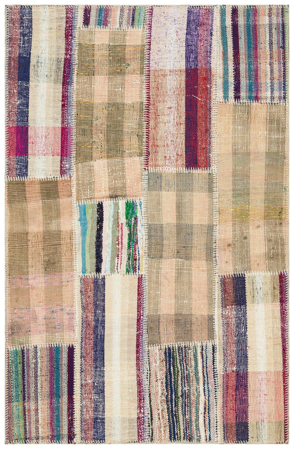 Bej Geometrik Çizgili Yün Halı 113x174