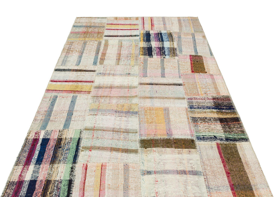 Bej Geometrik Çizgili Yün Halı 151x225