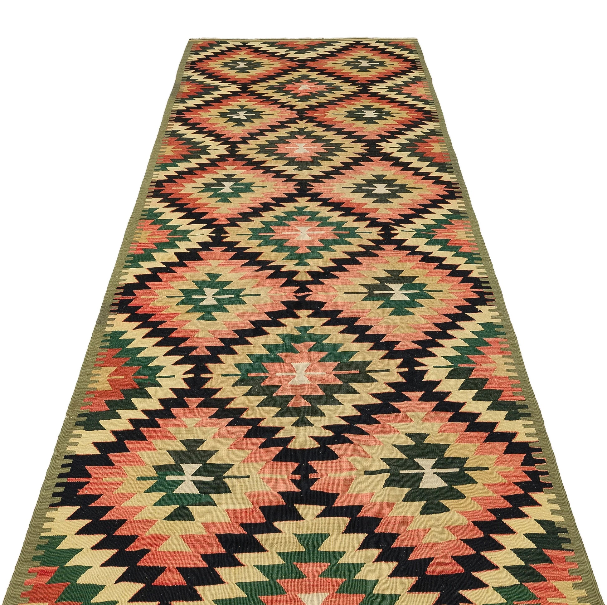 Bej Kiremit Bohem Geometrik Yün Halı 129x367