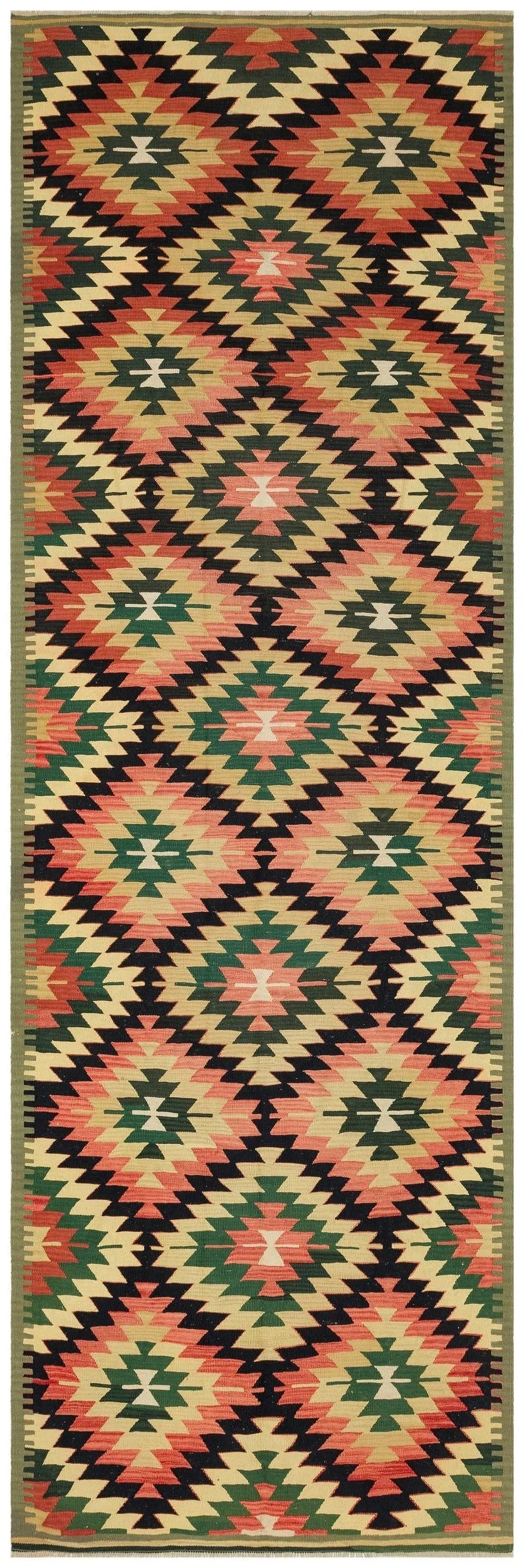Bej Kiremit Bohem Geometrik Yün Halı 129x367