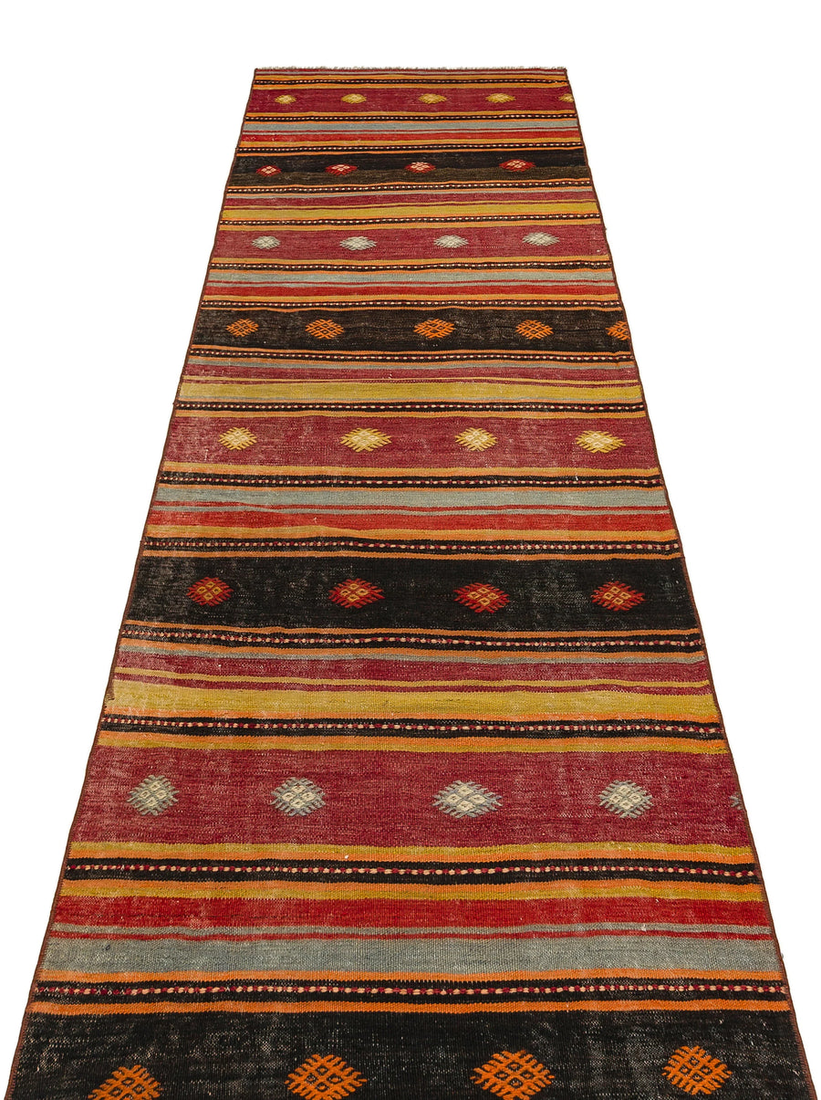 Bordo Gri Anadolu Bohem Geometrik Yün Halı 86x291 - Özel Seri