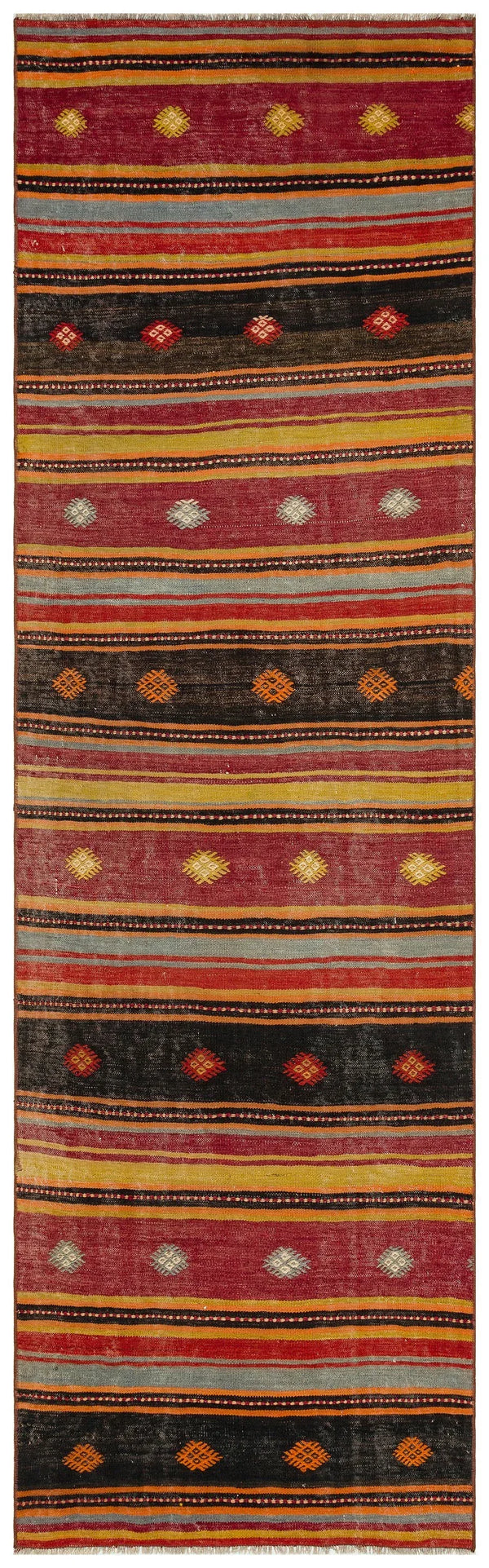 Bordo Gri Anadolu Bohem Geometrik Yün Halı 86x291 - Özel Seri