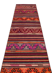 Bordo Gri Anadolu Bohem Geometrik Yün Halı 80x297 - Özel Seri