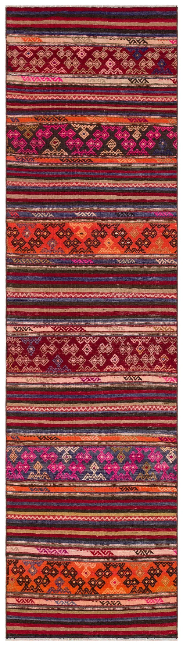 Bordo Gri Anadolu Bohem Geometrik Yün Halı 80x297 - Özel Seri
