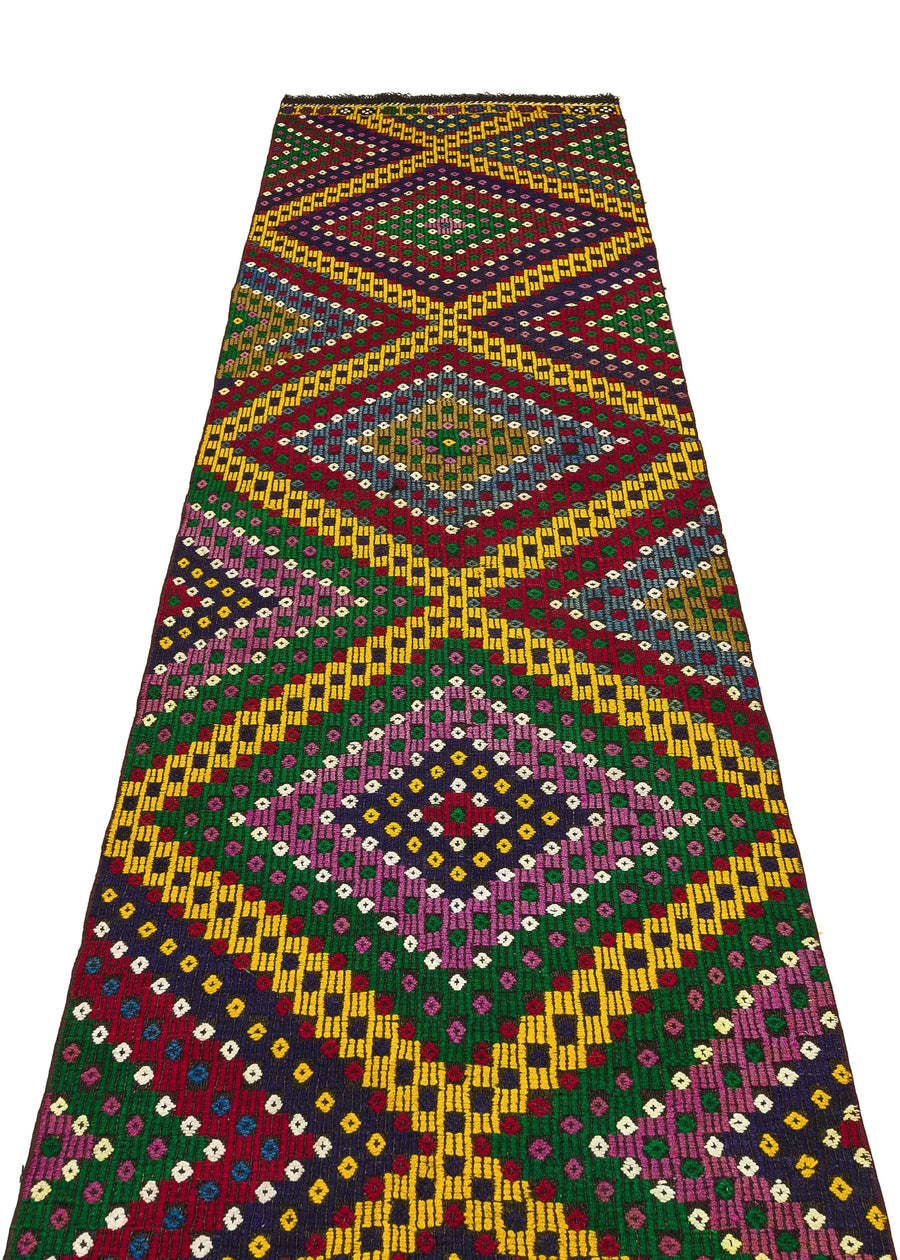 Kırmızı Anadolu Bohem Geometrik Yün Halı 88x355 - Özel Seri