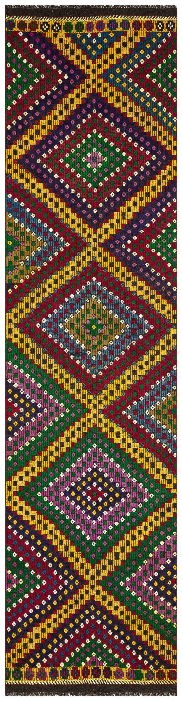 Kırmızı Anadolu Bohem Geometrik Yün Halı 88x355 - Özel Seri