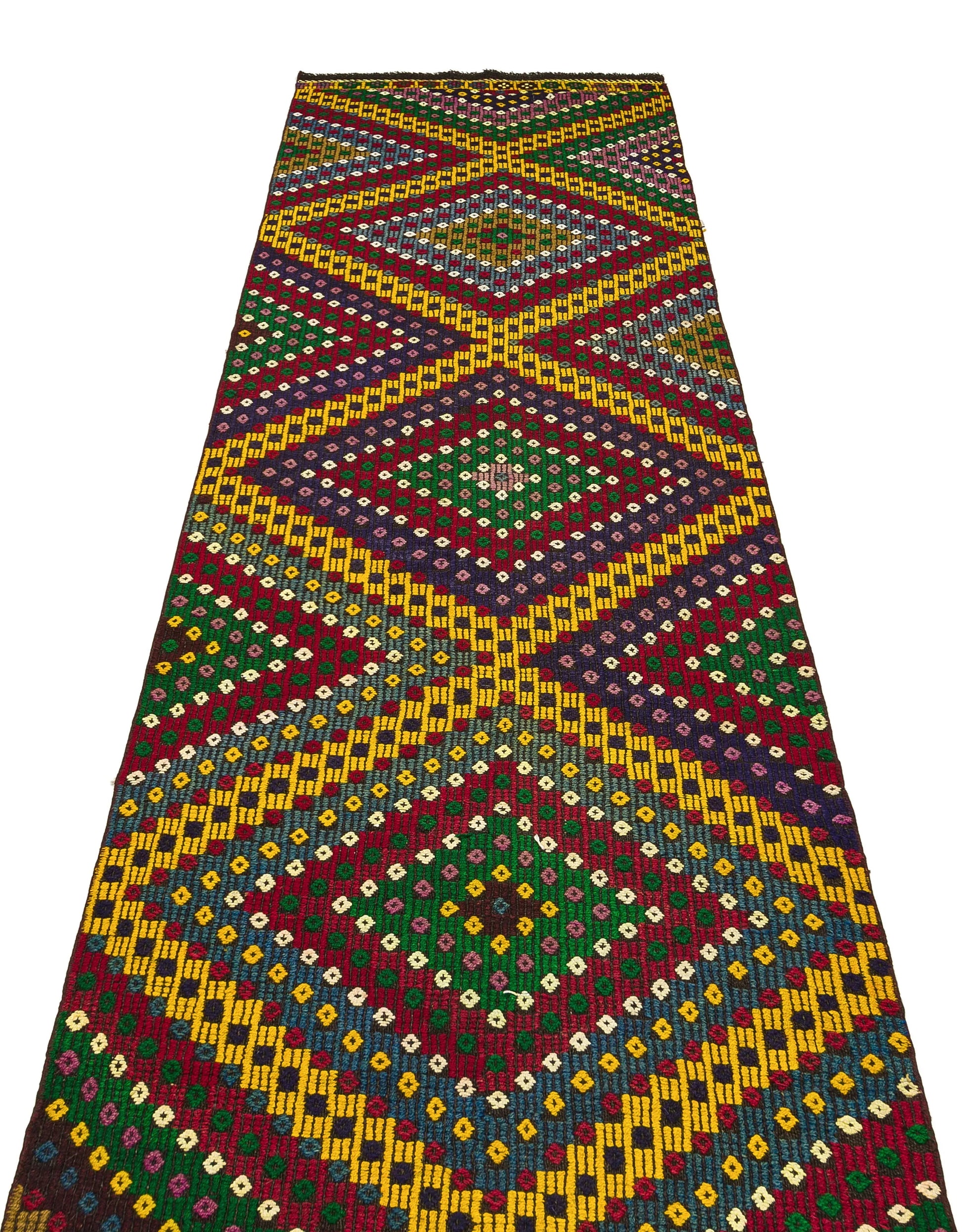 Beyaz Bordo Anadolu Bohem Geometrik Yün Halı 93x344 - Özel Seri