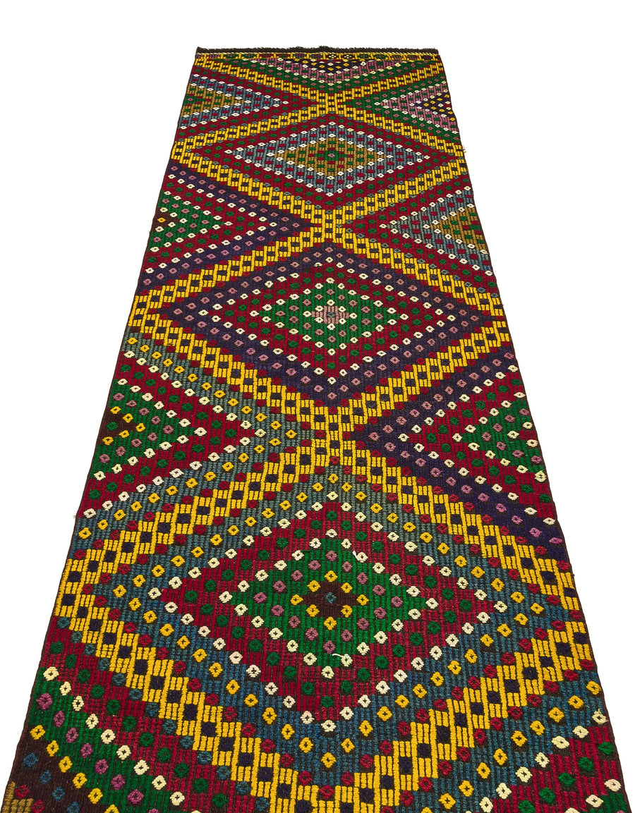 Beyaz Bordo Anadolu Bohem Geometrik Yün Halı 93x344 - Özel Seri