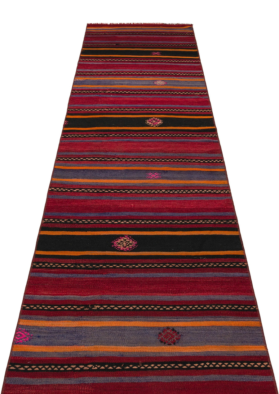 Kırmızı Anadolu Bohem Geometrik Yün Halı 83x328 - Özel Seri