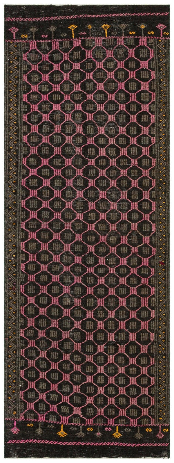 Antrasit Gri Anadolu Bohem Geometrik Yün Halı 110x298 - Özel Seri