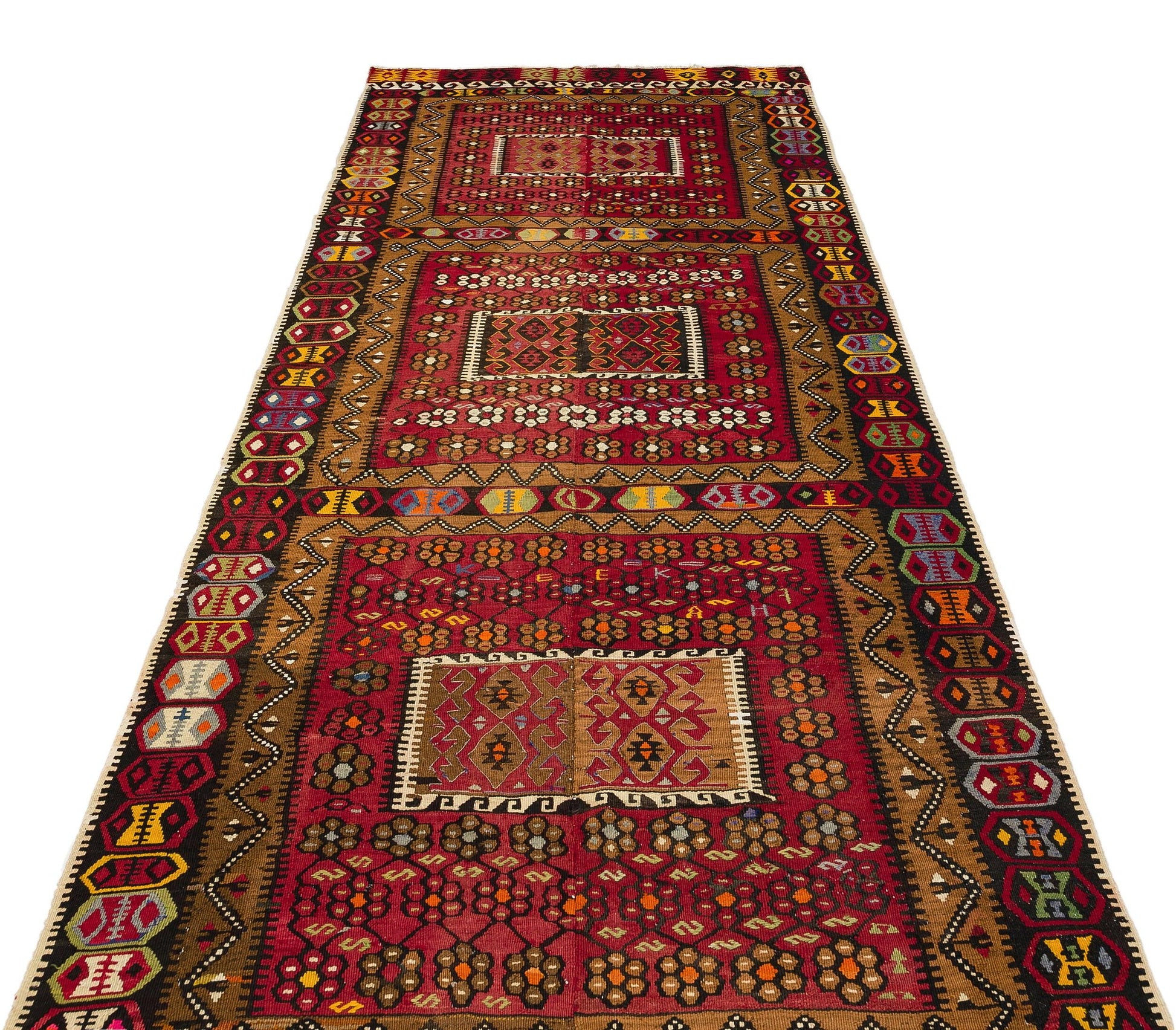 Bordo Hardal Anadolu Bohem Geometrik Yün Halı 140x330 - Özel Seri
