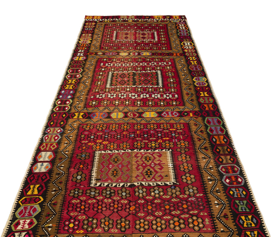 Bordo Hardal Anadolu Bohem Geometrik Yün Halı 140x330 - Özel Seri