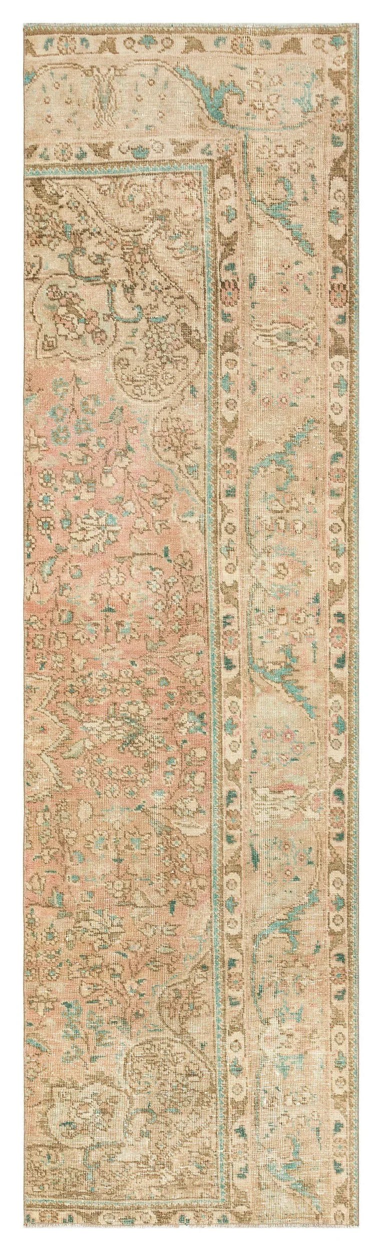 Çiçek Desenli Eskitme Bej El Dokuma Yün Halı 75x272 cm – Koridor kullanımı