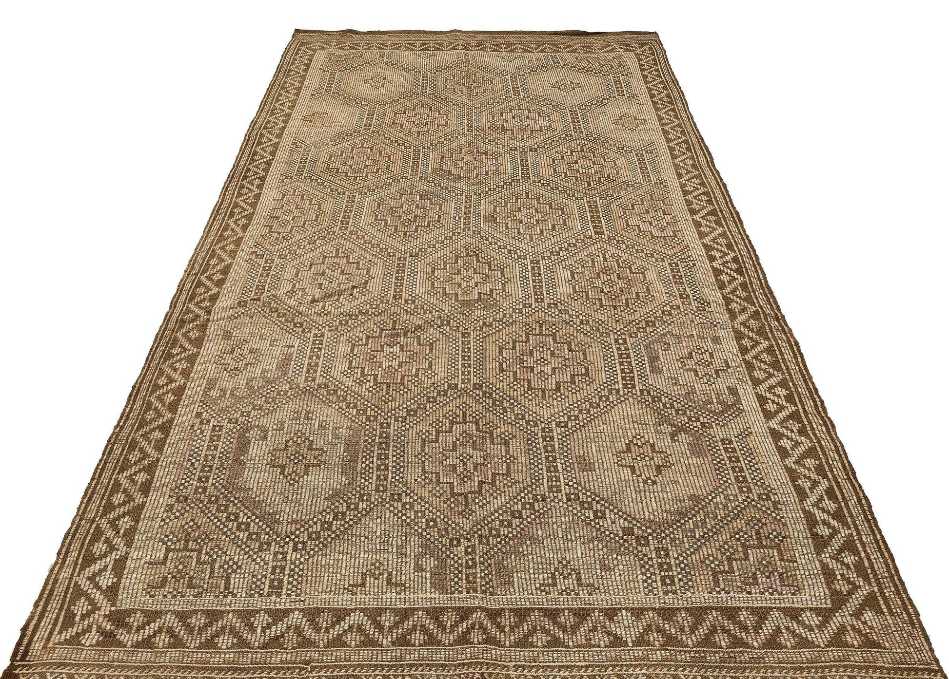 Bej Krem Anadolu Bohem Geometrik Yün Halı 166x313 - Özel Seri