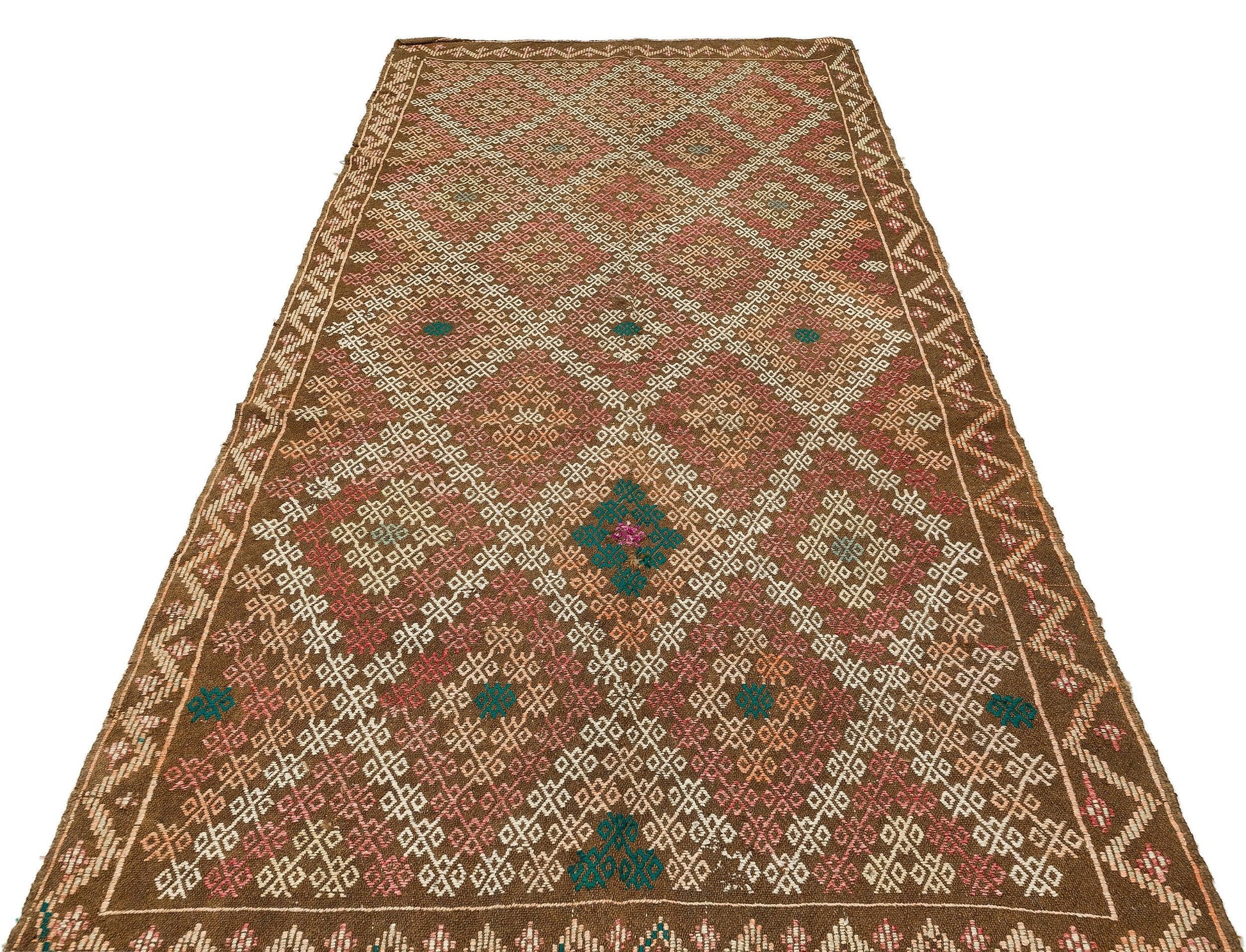 Beyaz Krem Anadolu Bohem Geometrik Yün Halı 154x320 - Özel Seri
