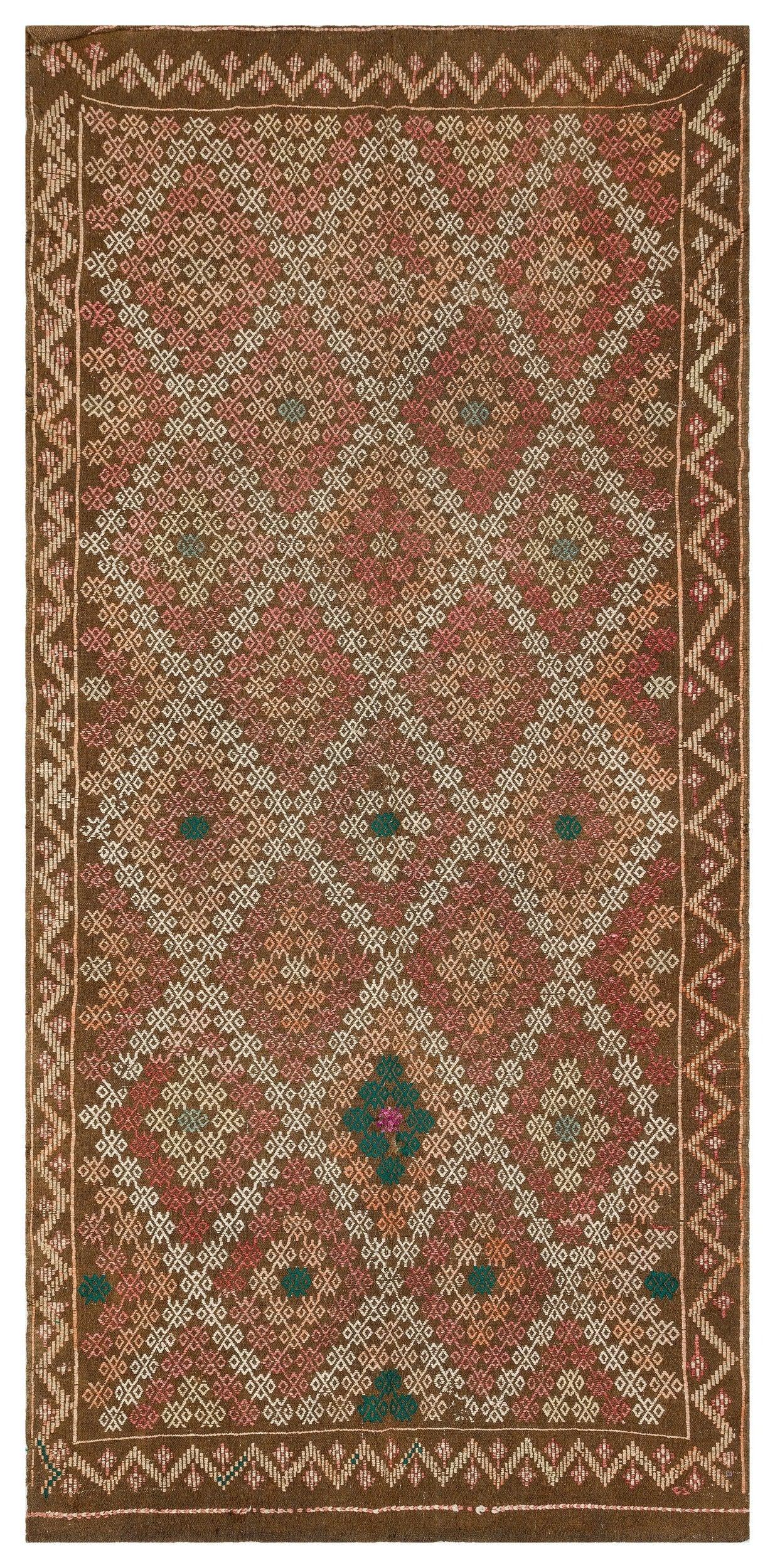 Beyaz Krem Anadolu Bohem Geometrik Yün Halı 154x320 - Özel Seri