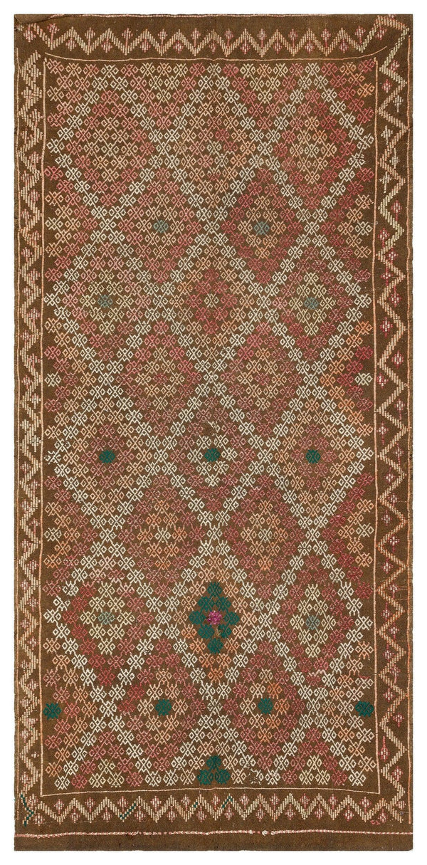 Beyaz Krem Anadolu Bohem Geometrik Yün Halı 154x320 - Özel Seri