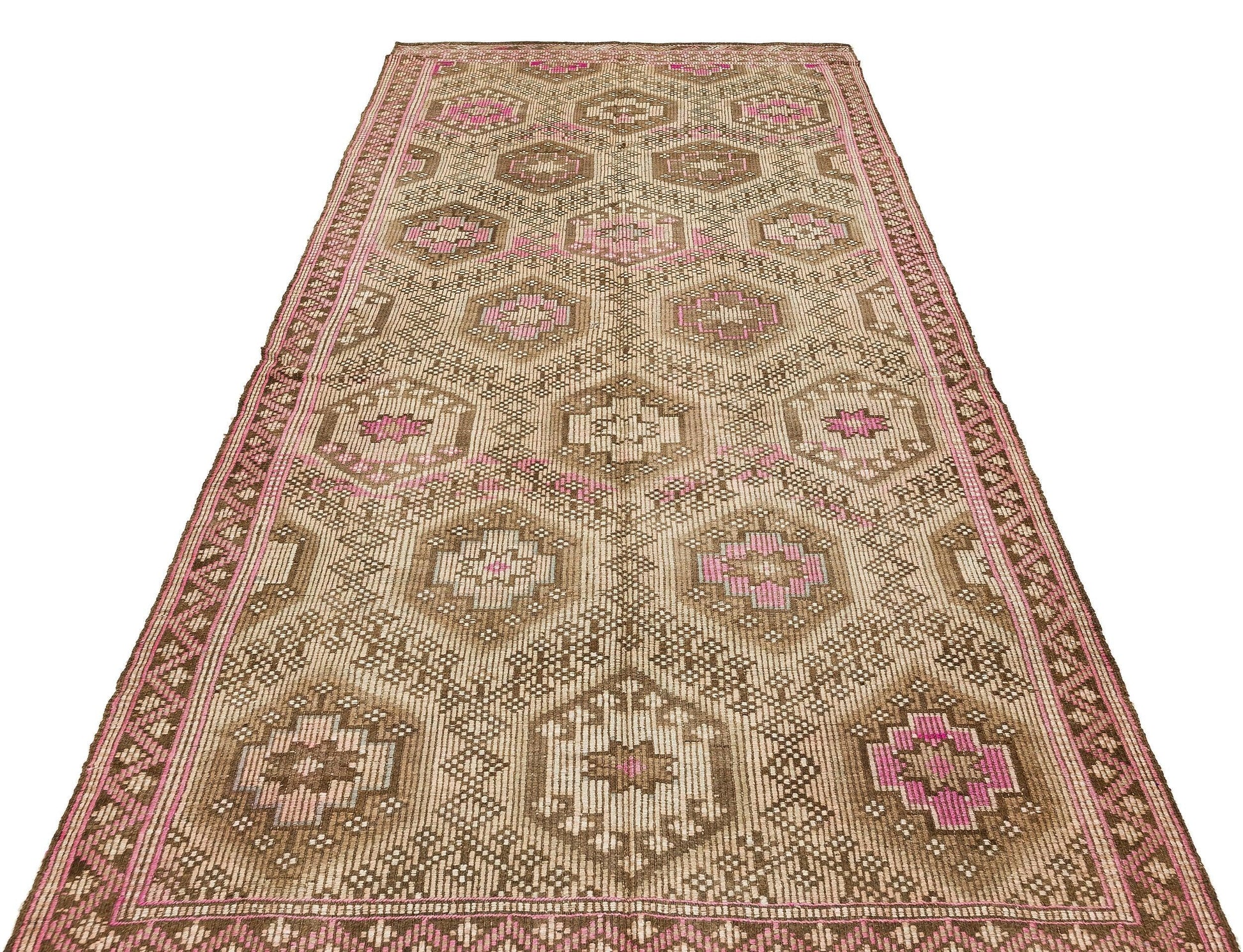 Bej Krem Anadolu Bohem Geometrik Yün Halı 155x314 - Özel Seri