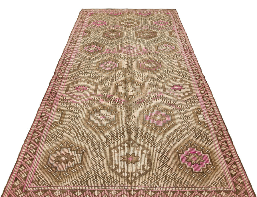 Bej Krem Anadolu Bohem Geometrik Yün Halı 155x314 - Özel Seri