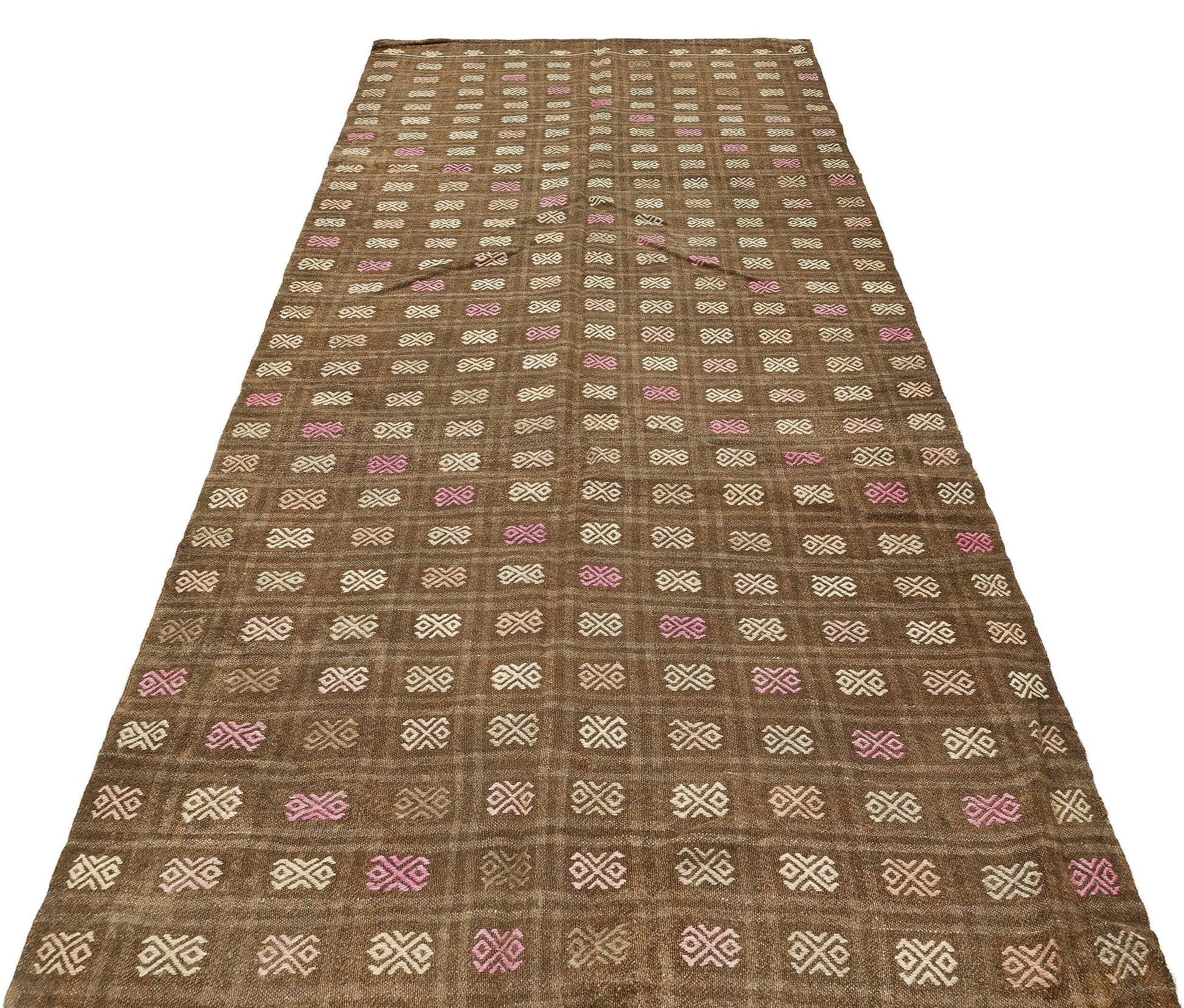 Beyaz Krem Anadolu Bohem Geometrik Yün Halı 137x305 - Özel Seri