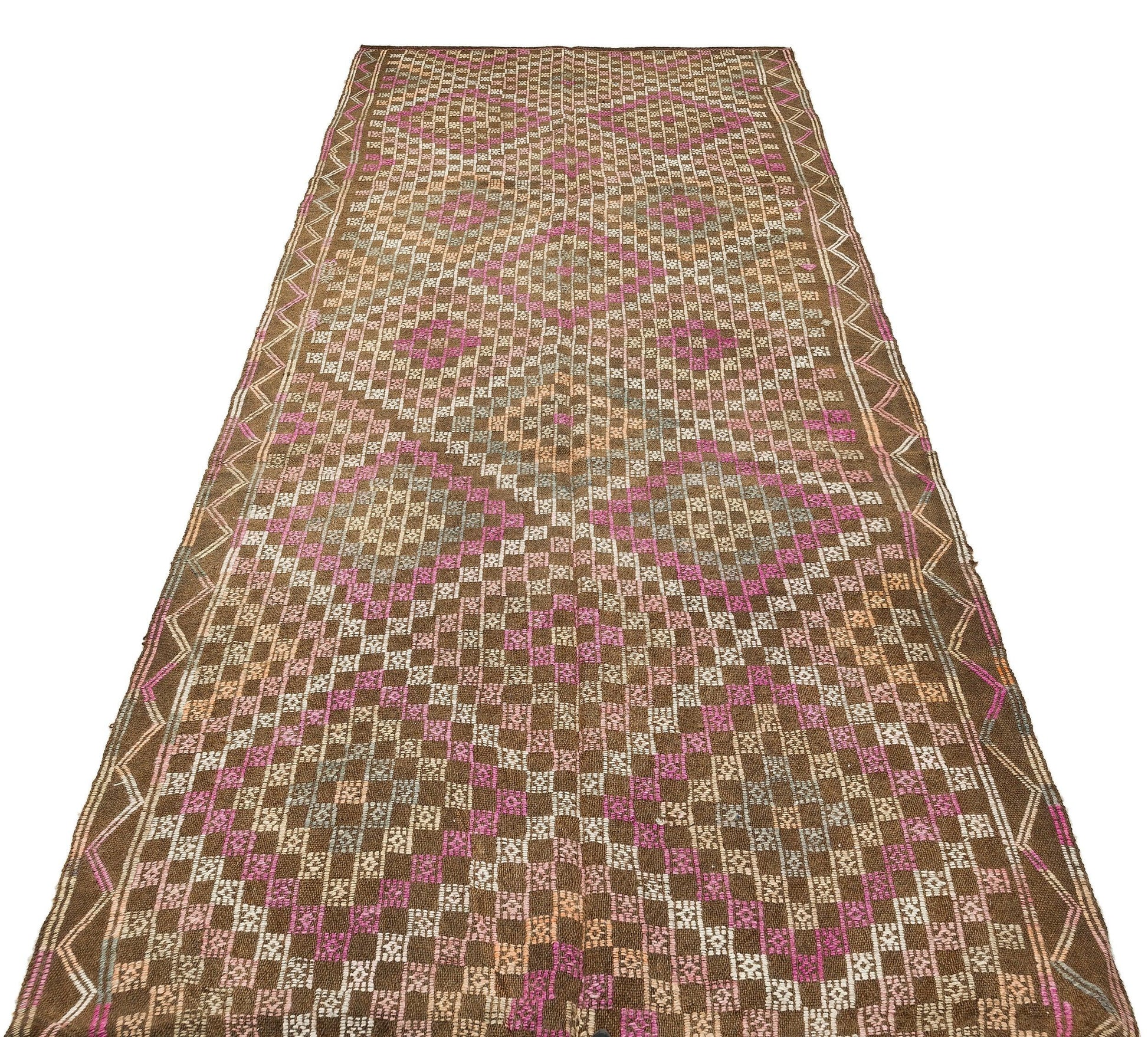 Beyaz Gri Anadolu Bohem Geometrik Yün Halı 136x310 - Özel Seri