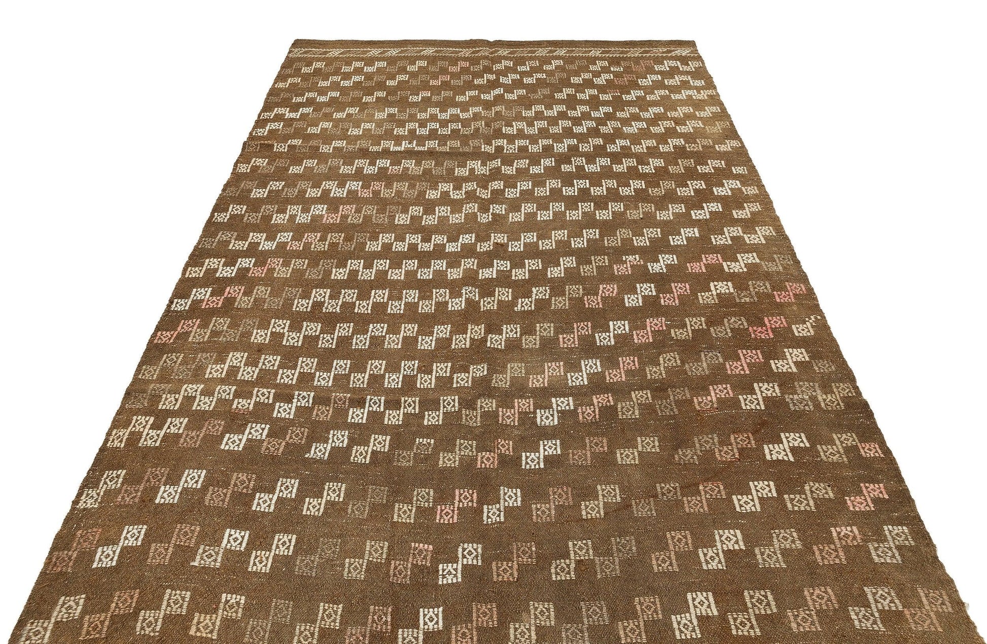 Bej Beyaz Anadolu Bohem Geometrik Yün Halı 163x248 - Özel Seri
