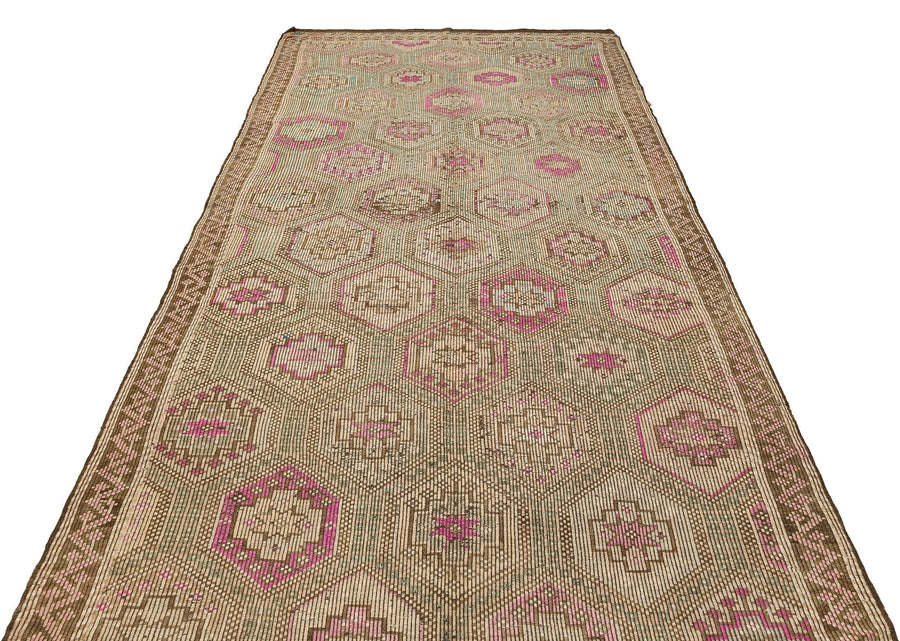Bej Gri Anadolu Bohem Geometrik Yün Halı 166x329 - Özel Seri