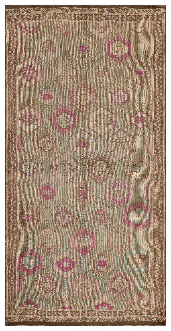Bej Gri Anadolu Bohem Geometrik Yün Halı 166x329 - Özel Seri