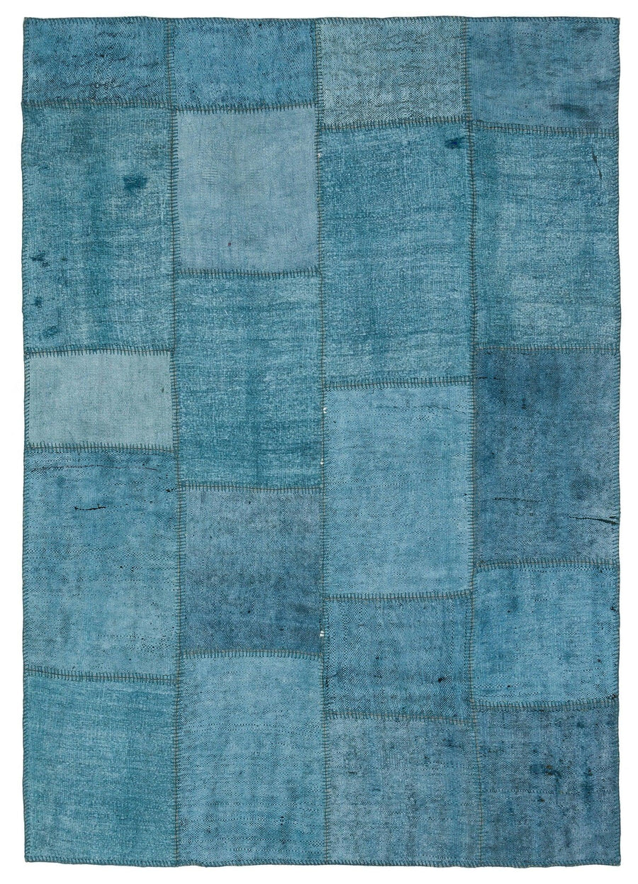 Blue and Turquoise Distressed Patchwork Wool Rug 157x224 cm (5'2" x 7'4") – in the hallway